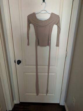 Windsor Off-Shoulder Ribbed Knit Sweater in Taupe